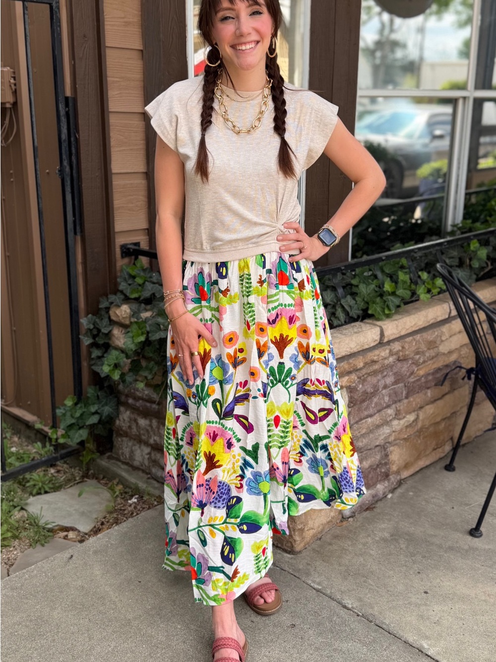 NEW Tan Multi Color Dress with Sweater Twist Front Bodice